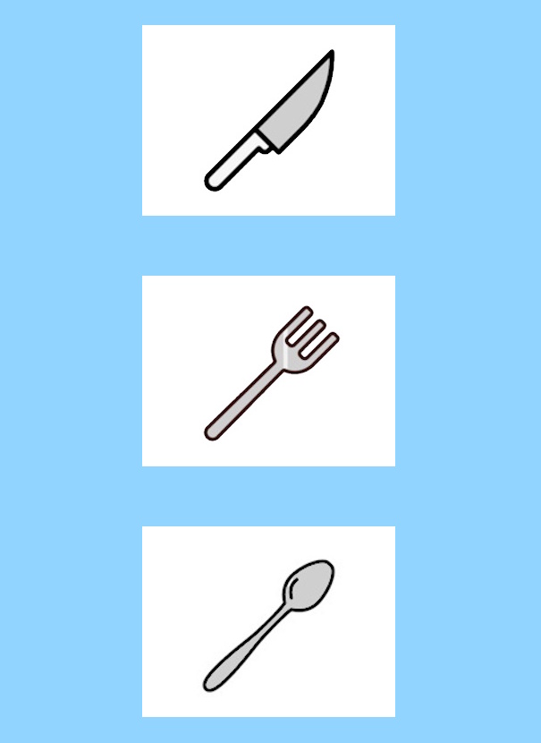 Voorbeeld van flashcards: een mes, vork en lepel